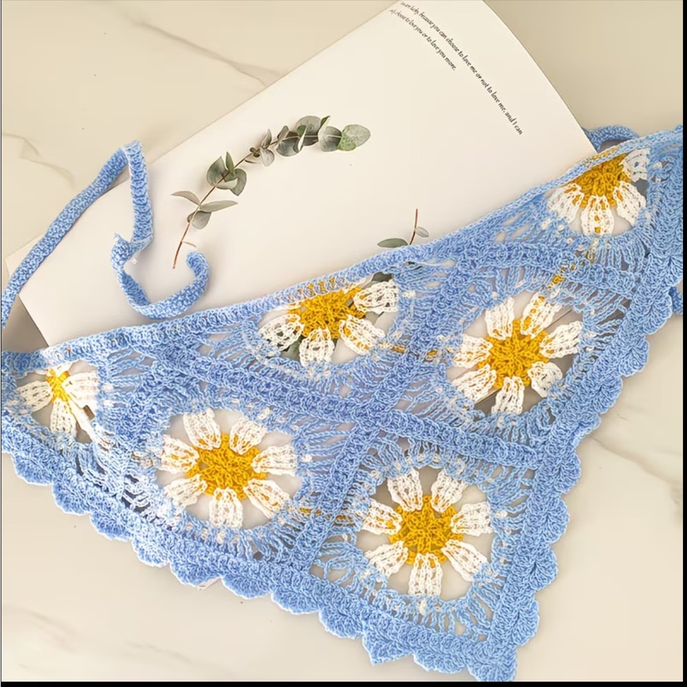 HANDMADE Blue Floral Crochet Headscarf - Picture 5 of 5